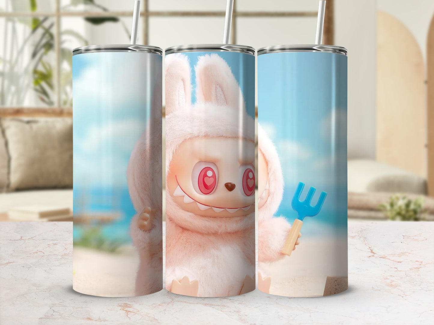 Cute Beach Bunny Character Tumbler with Straw Flask