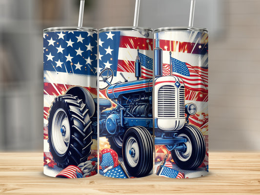 Tractor with American flag design on three tumblers.