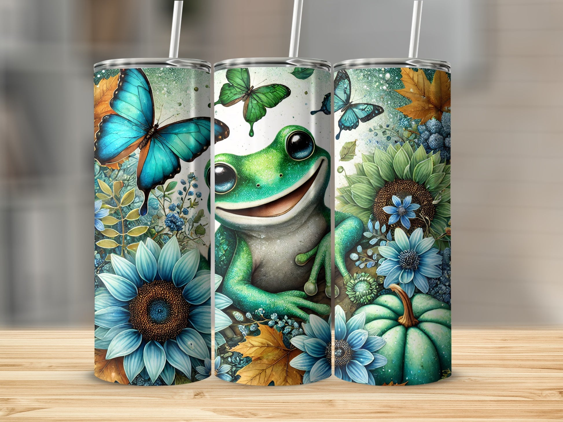 Adorable Frog with Butterflies and Floral Tumbler