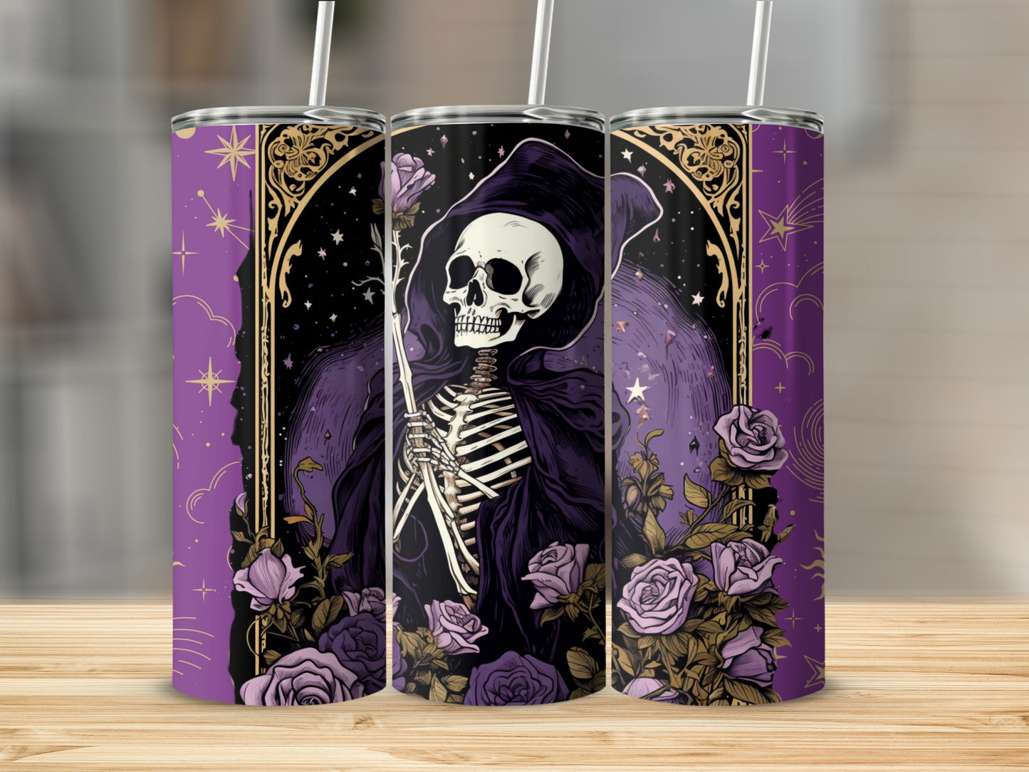 Gothic Skeleton with Purple Roses Tumbler Cup