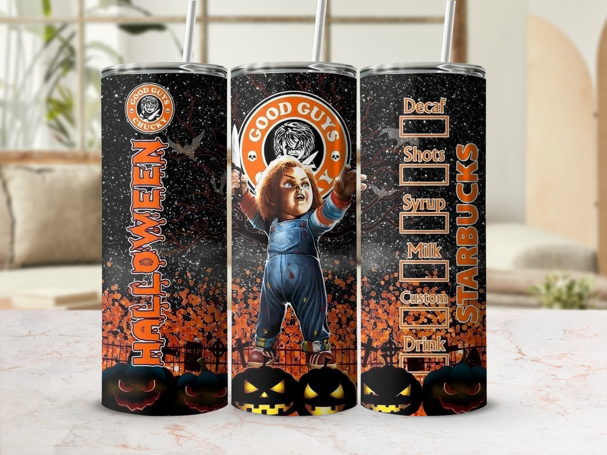 Chucky doll on a Halloween tumbler with Starbucks drink options.