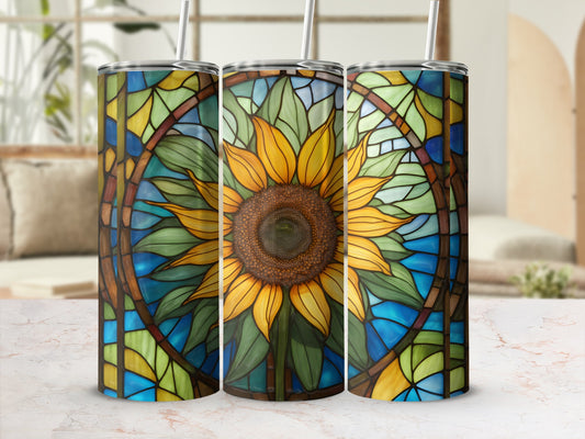 Sunflower stained glass design on three tumblers.