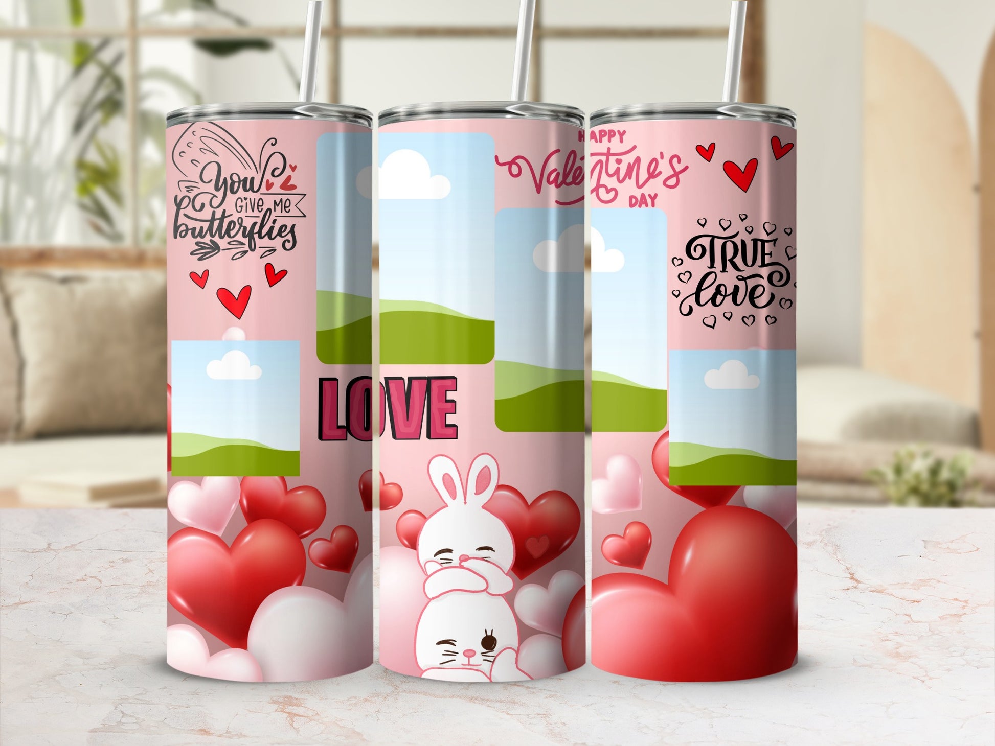 Three Valentine's Day tumblers with hearts and cute bunnies.