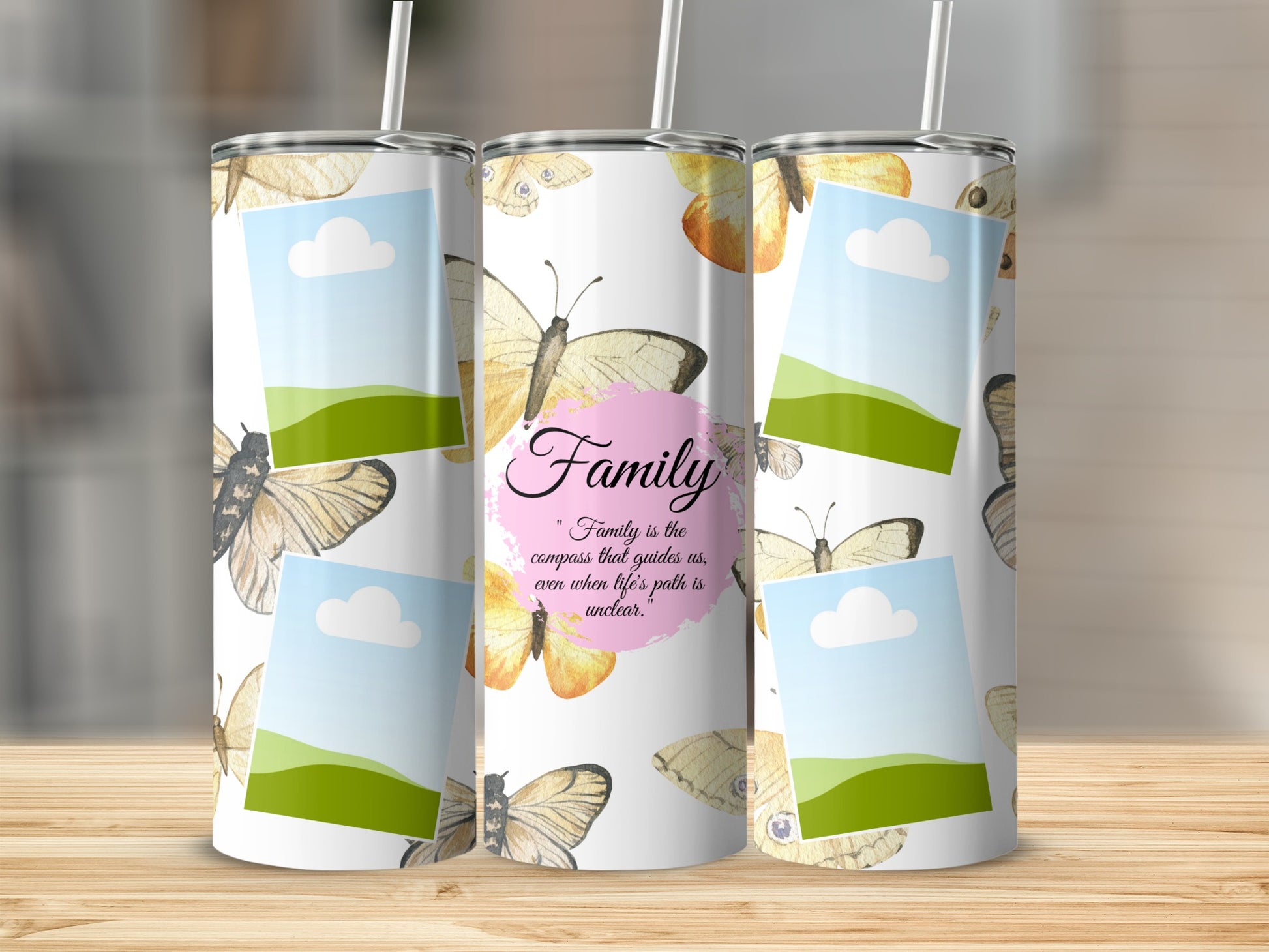 Tumbler with butterflies and "Family is the compass that guides us" quote.