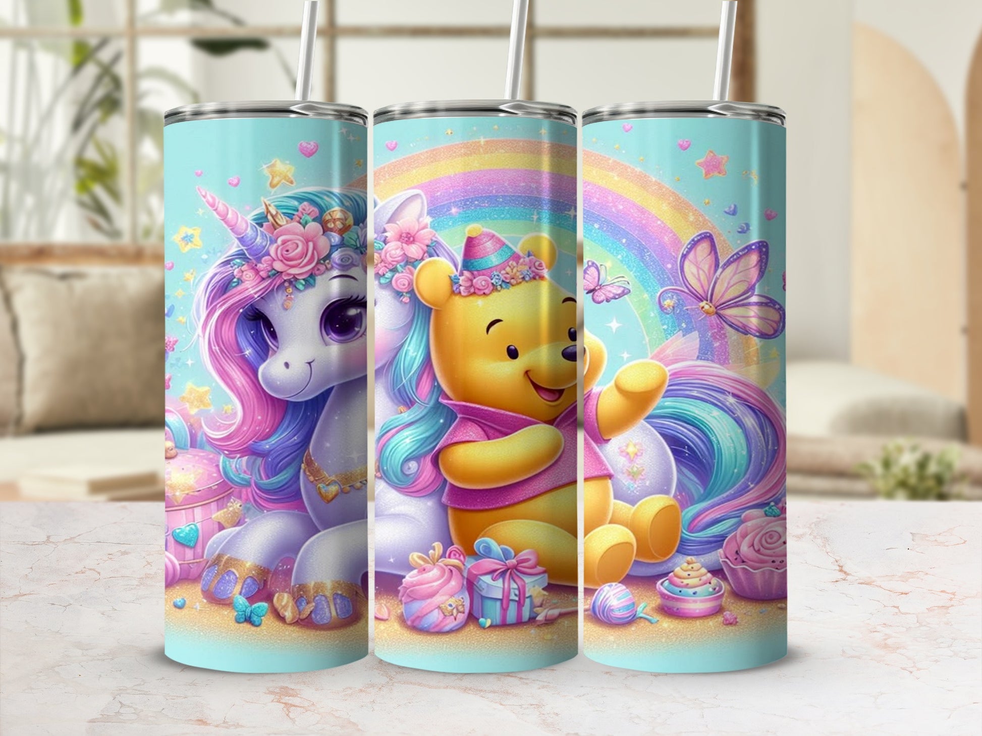 Colorful Cartoon Unicorn and Bear Rainbow Tumbler Cup