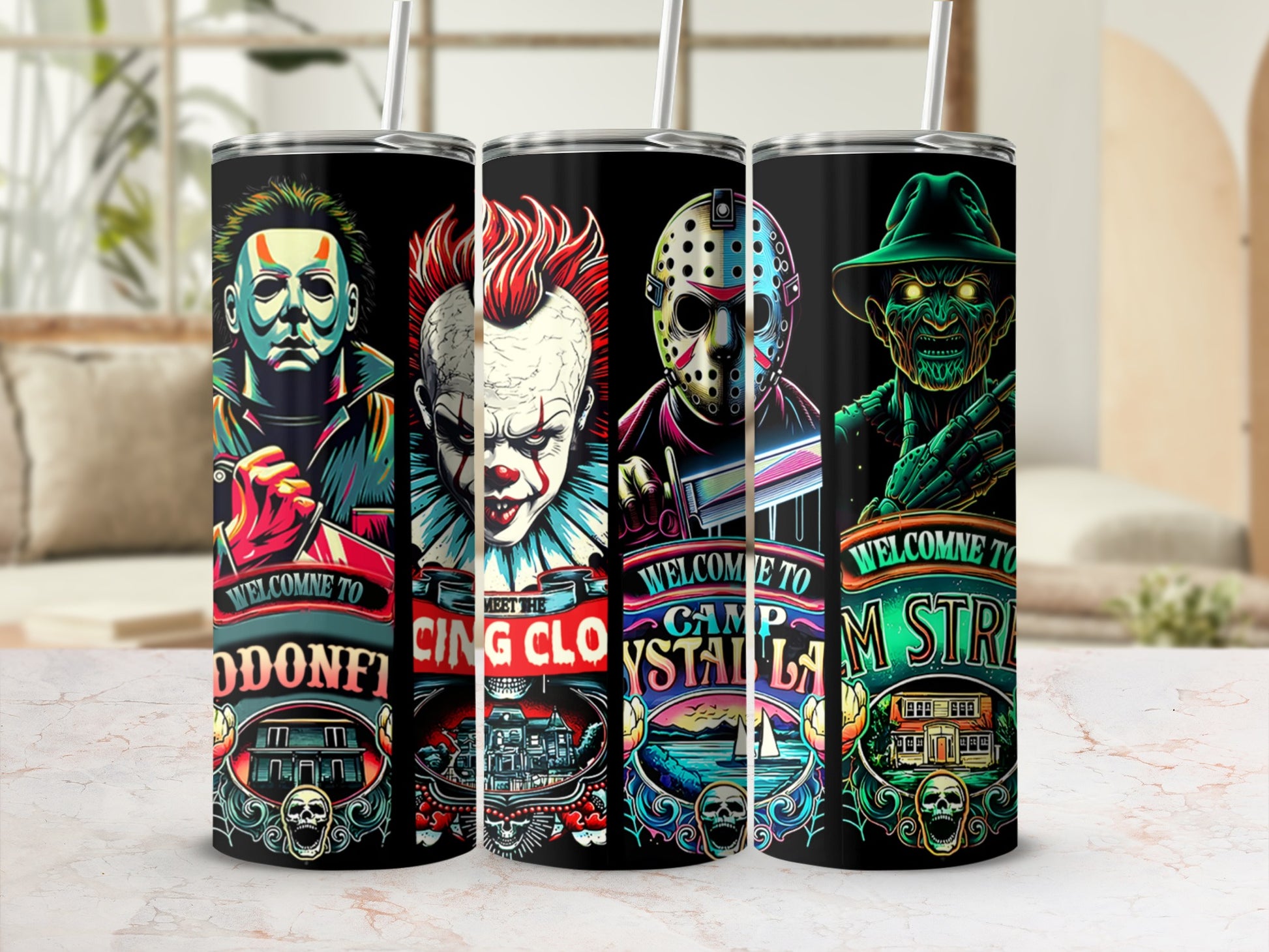 Horror movie characters on three tumblers: Michael Myers, Pennywise, and Freddy Krueger.