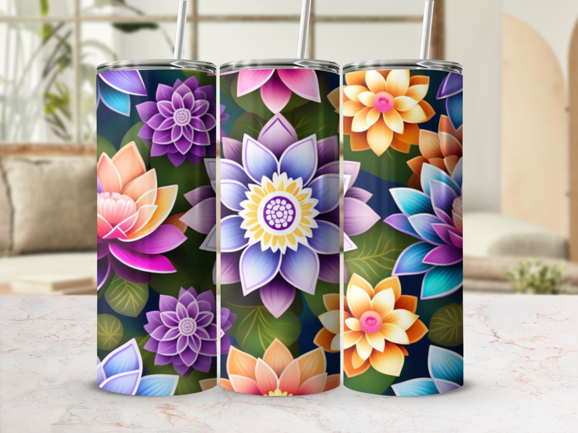 Floral pattern tumbler with vibrant lotus flowers on a dark background.