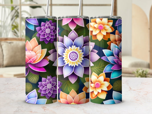 Floral pattern tumbler with vibrant lotus flowers on a dark background.