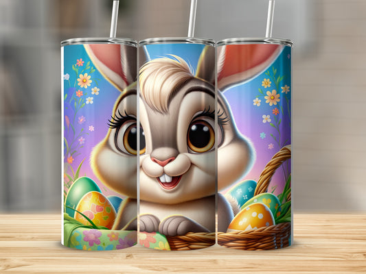 Easter bunny with basket of eggs on a cylindrical tumbler.