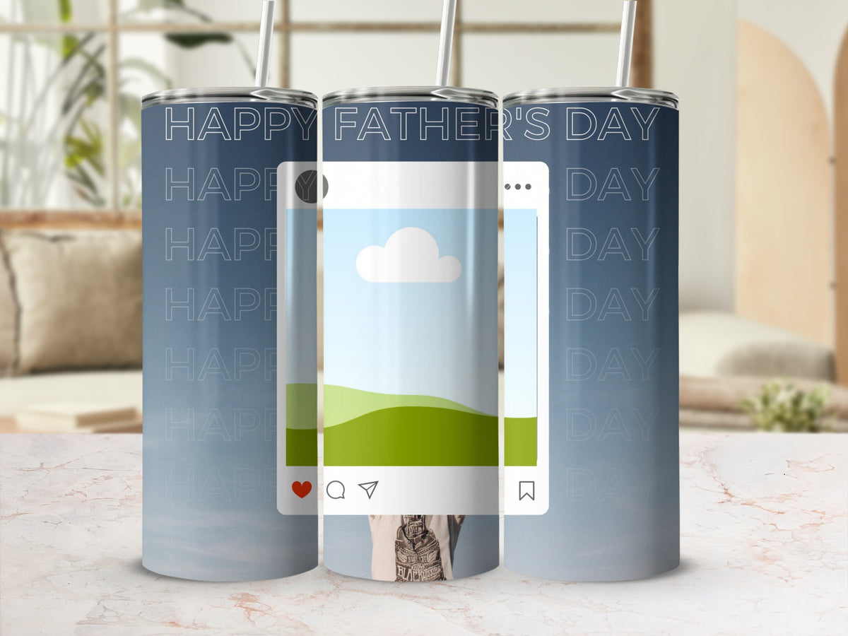 Three tumblers with "Happy Father's Day" repeating on a gradient blue background.