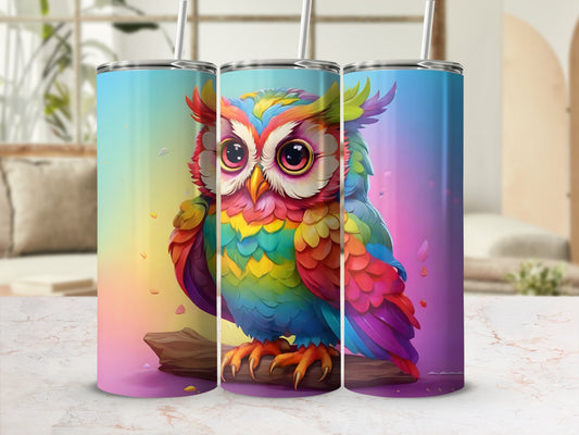 Colorful owl on a branch, digital art design for a tumbler.