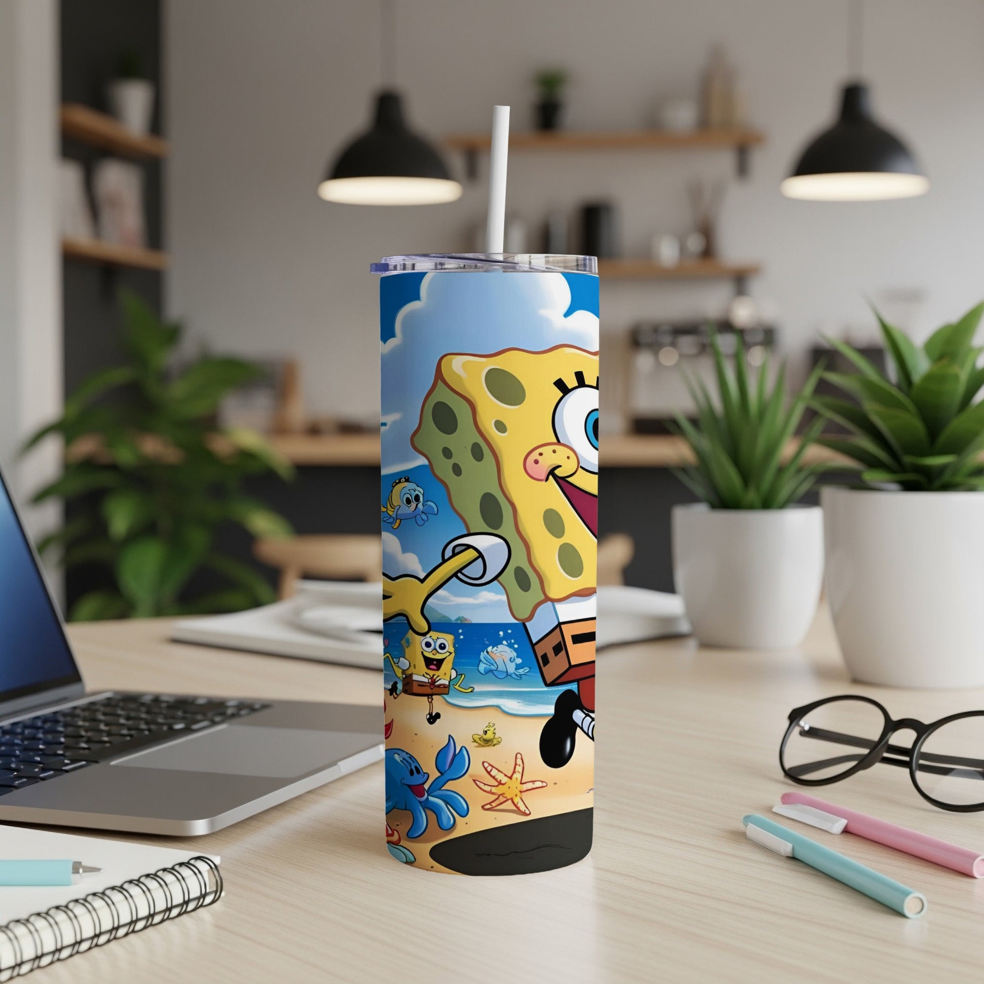 SpongeBob SquarePants character on a tumbler with a beach scene.