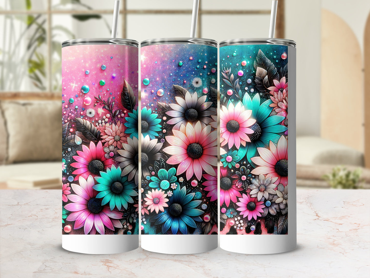 Vibrant Floral Galaxy Design Stainless Steel Tumbler