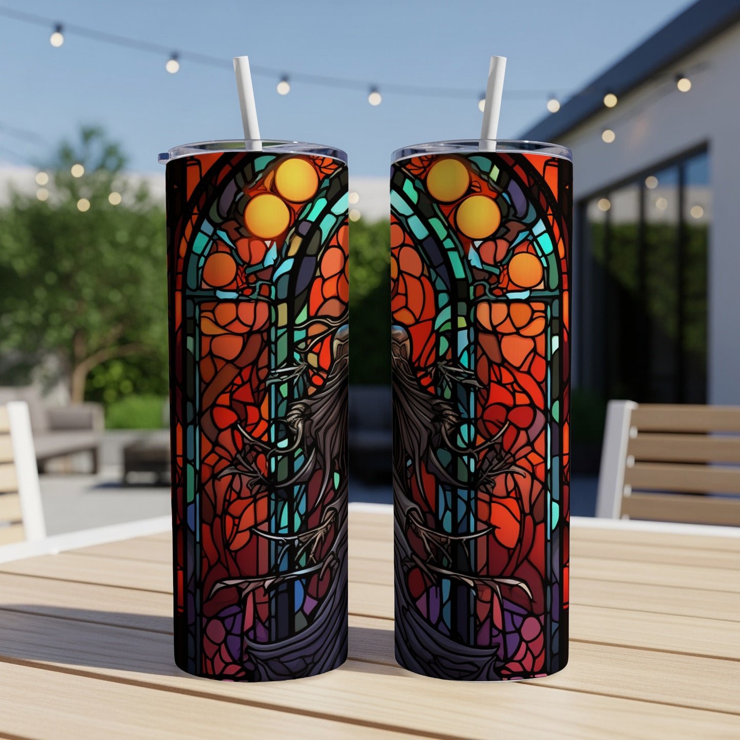 Two tumblers with stained glass dragon design on a wooden table.