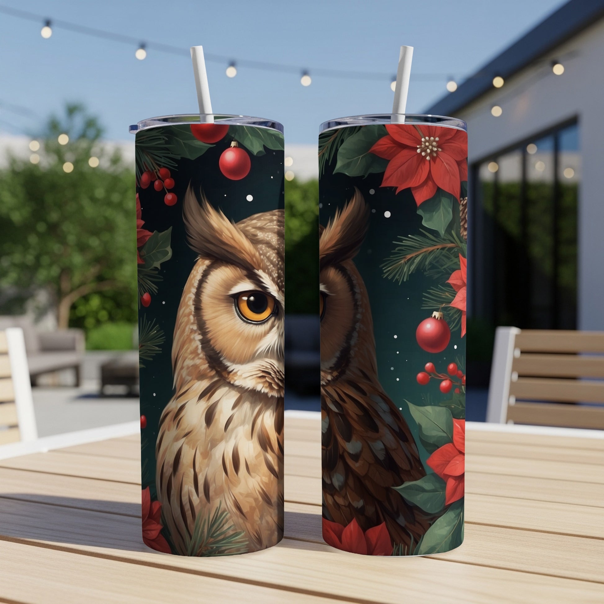 Owl and poinsettia design on two tumblers, outdoors.