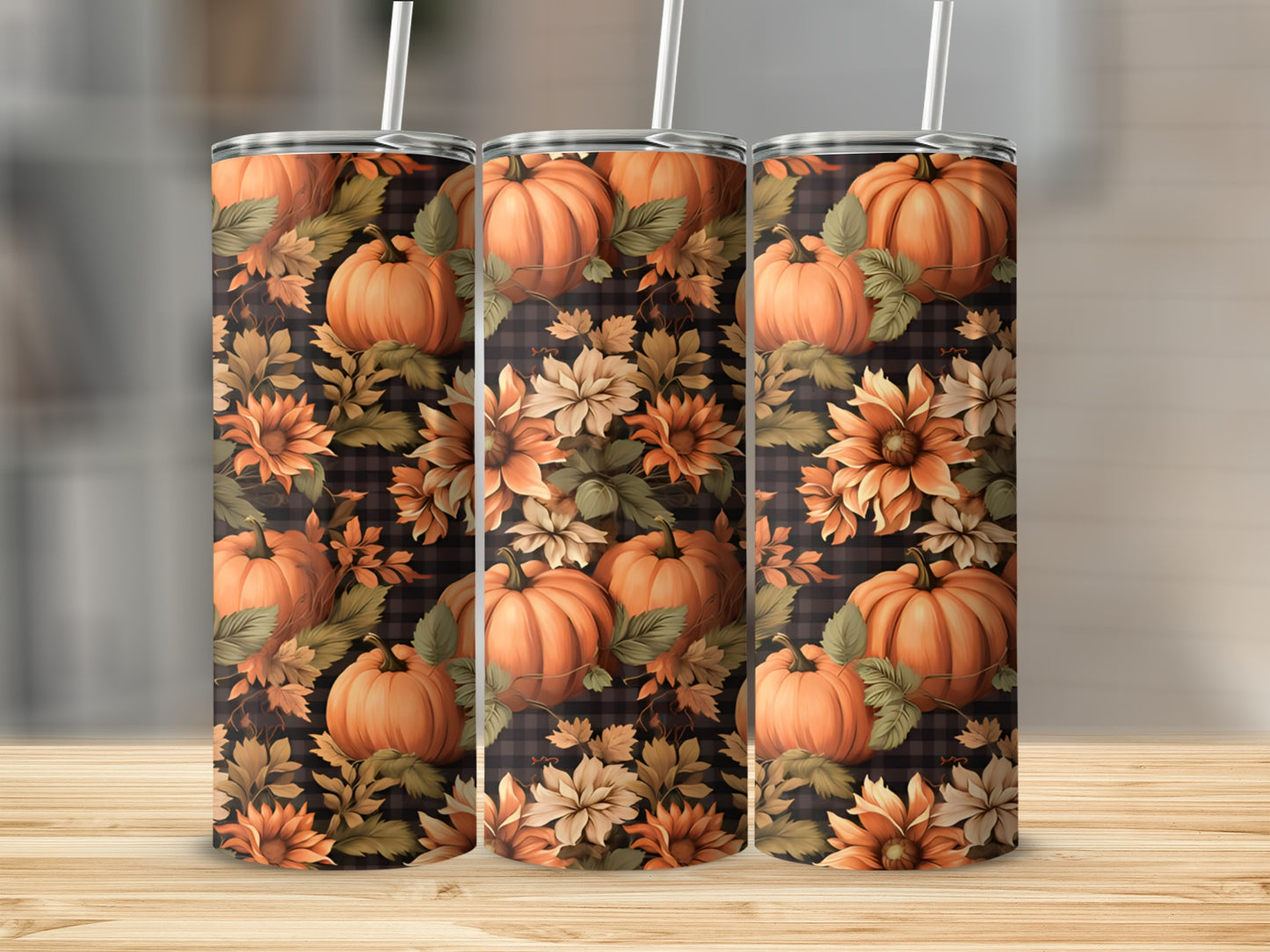 Tumblers with pumpkins, sunflowers, and a plaid background.