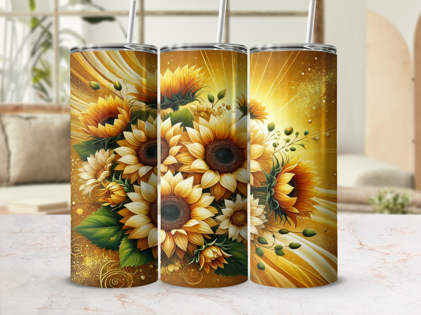 Vibrant Sunflower Patterned Tumbler with Straw