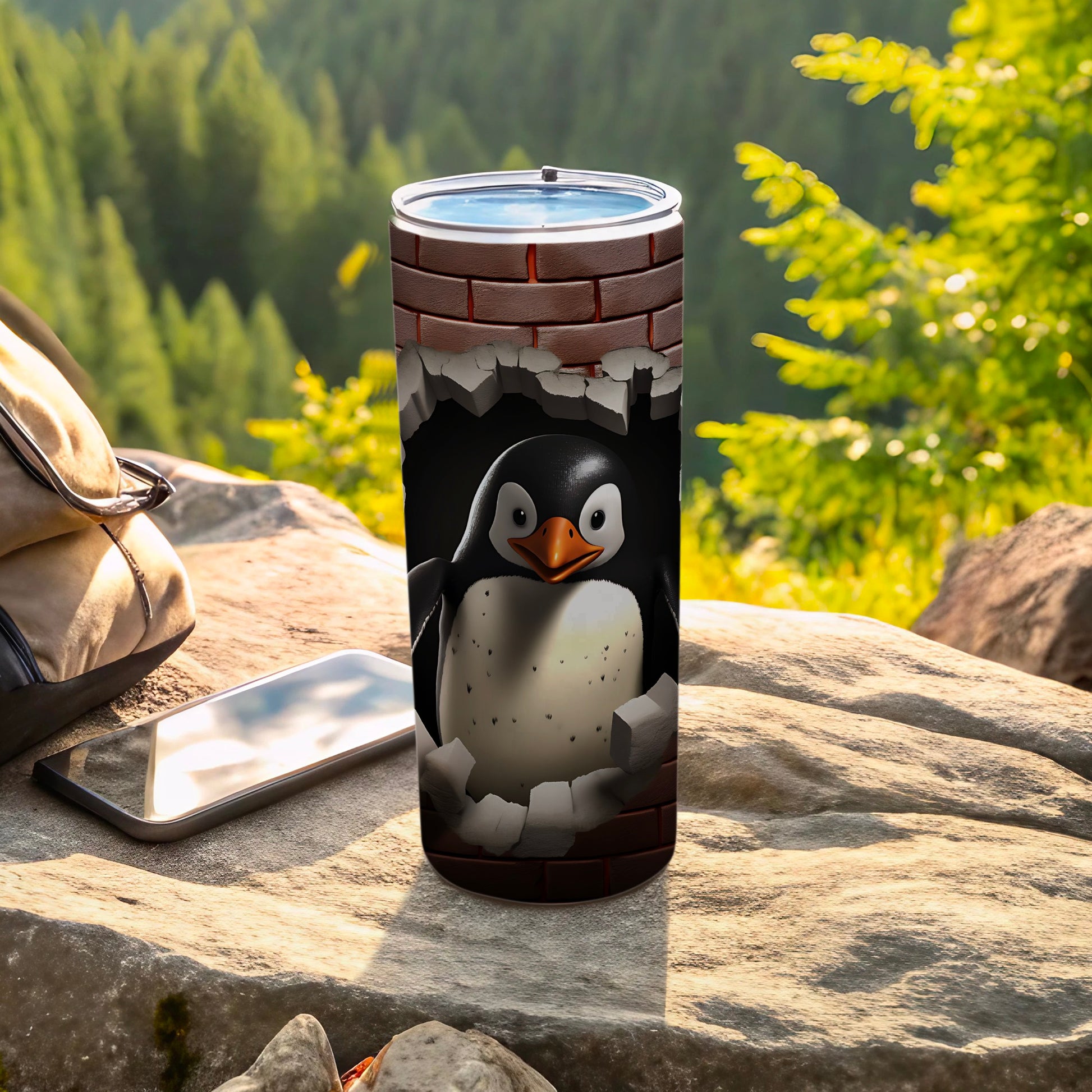 Penguin breaking through brick wall on tumbler, outdoors setting.