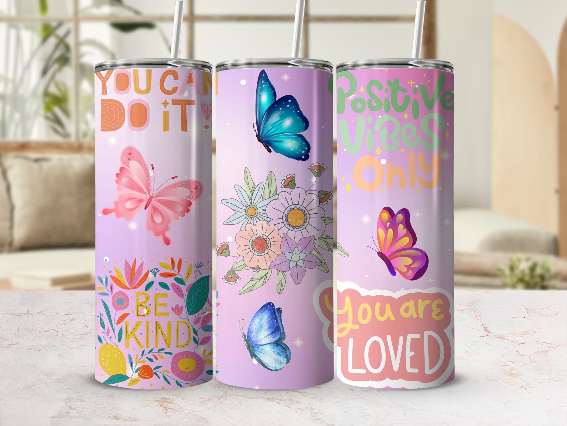 Inspirational Butterfly and Flower Tumbler for Positive Vibes
