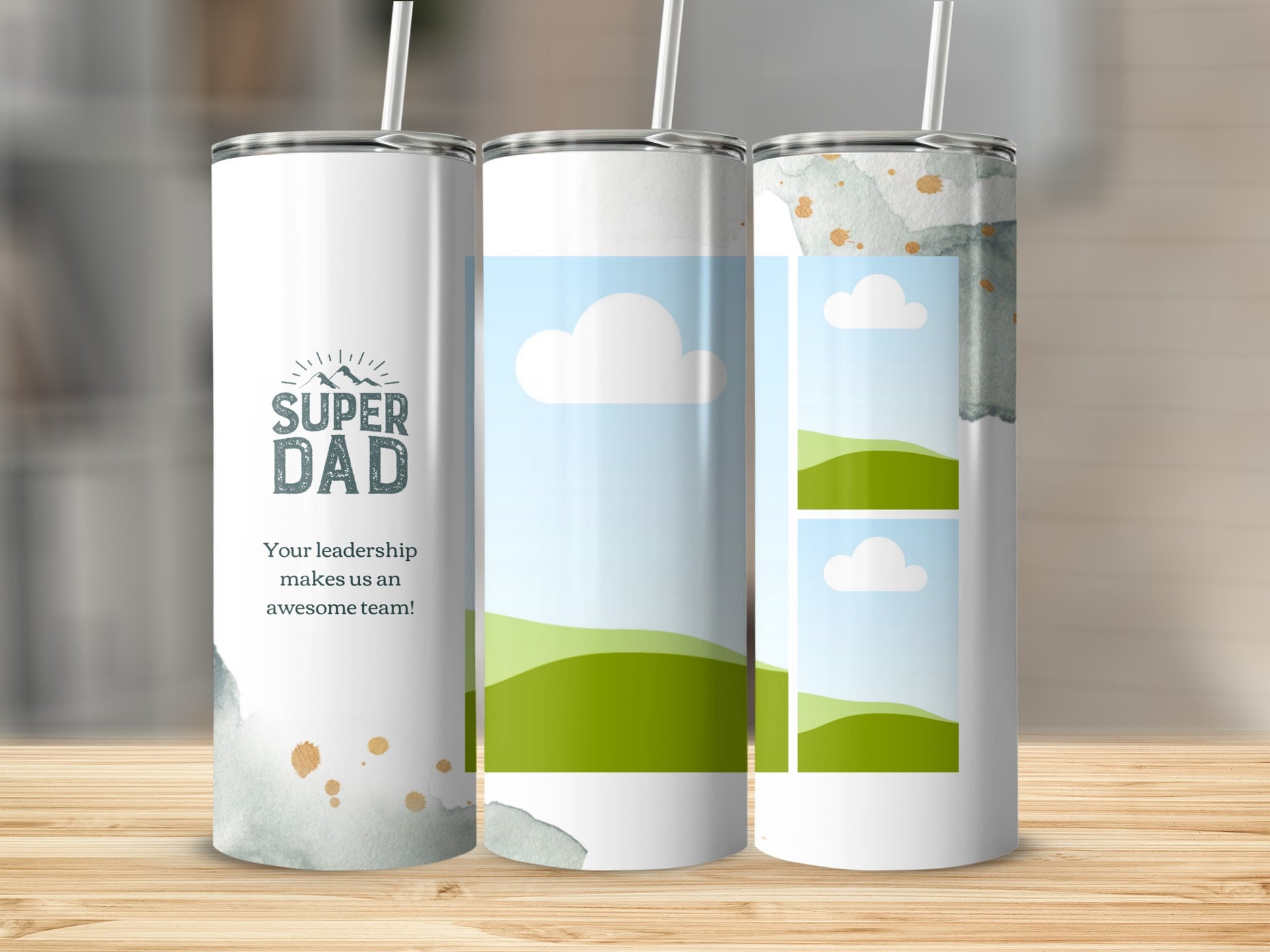 Tumblers with "Super Dad" text and nature photo placeholders.