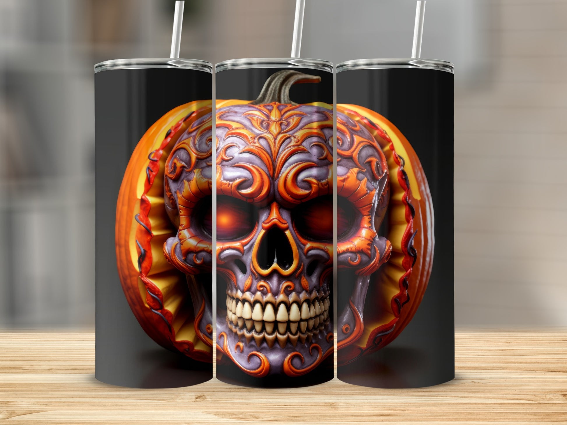 Triptych of tumblers featuring a carved pumpkin skull with intricate purple and orange designs.