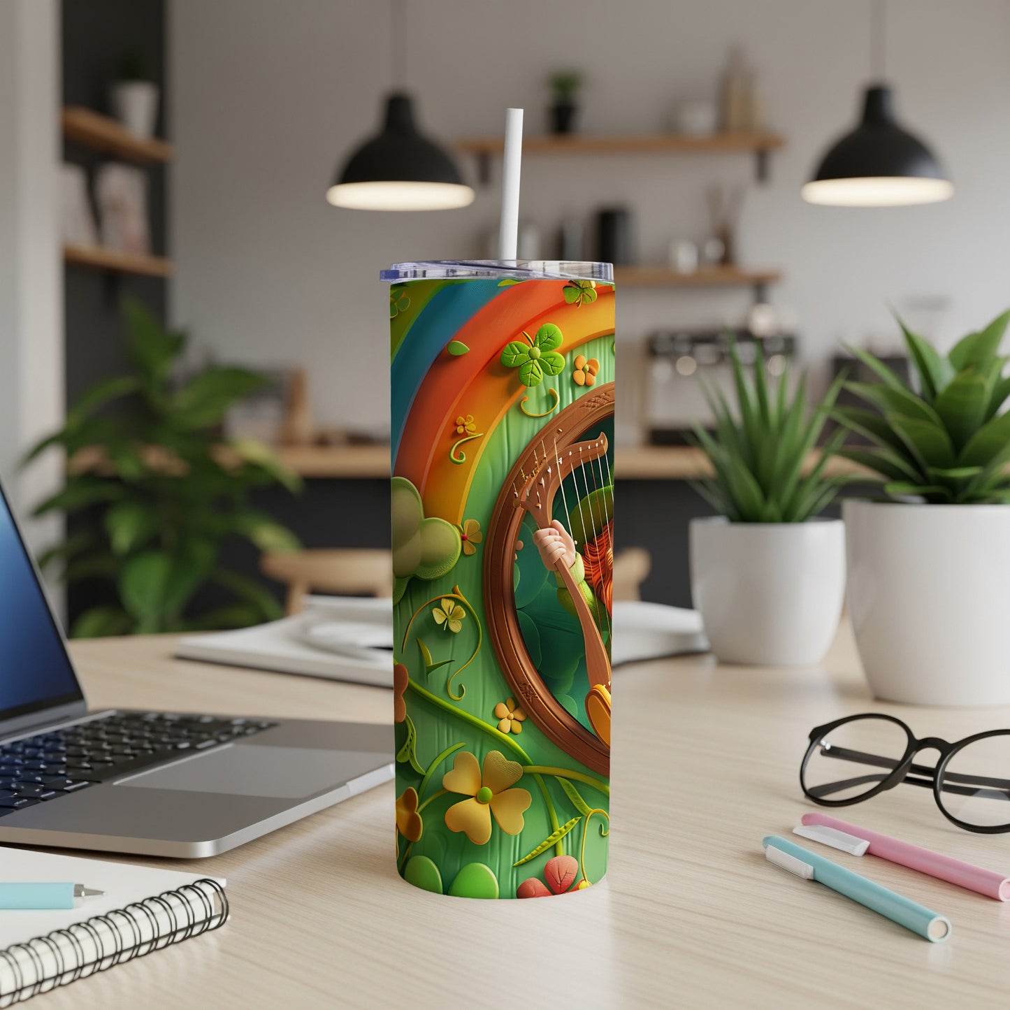 Green St. Patrick's Day tumbler with rainbow, shamrocks, and harp.
