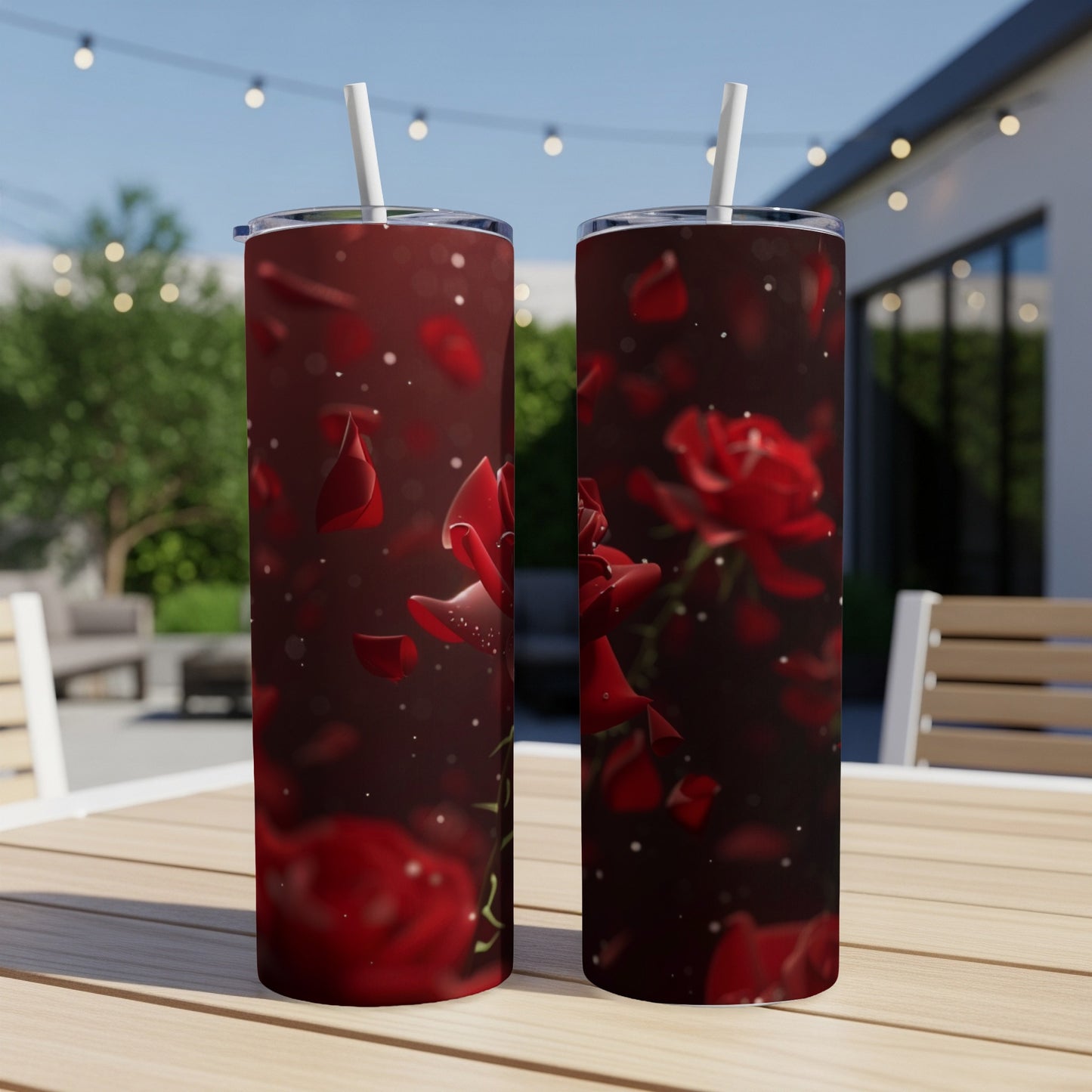 Two tall, dark tumblers with red rose petals falling around them.