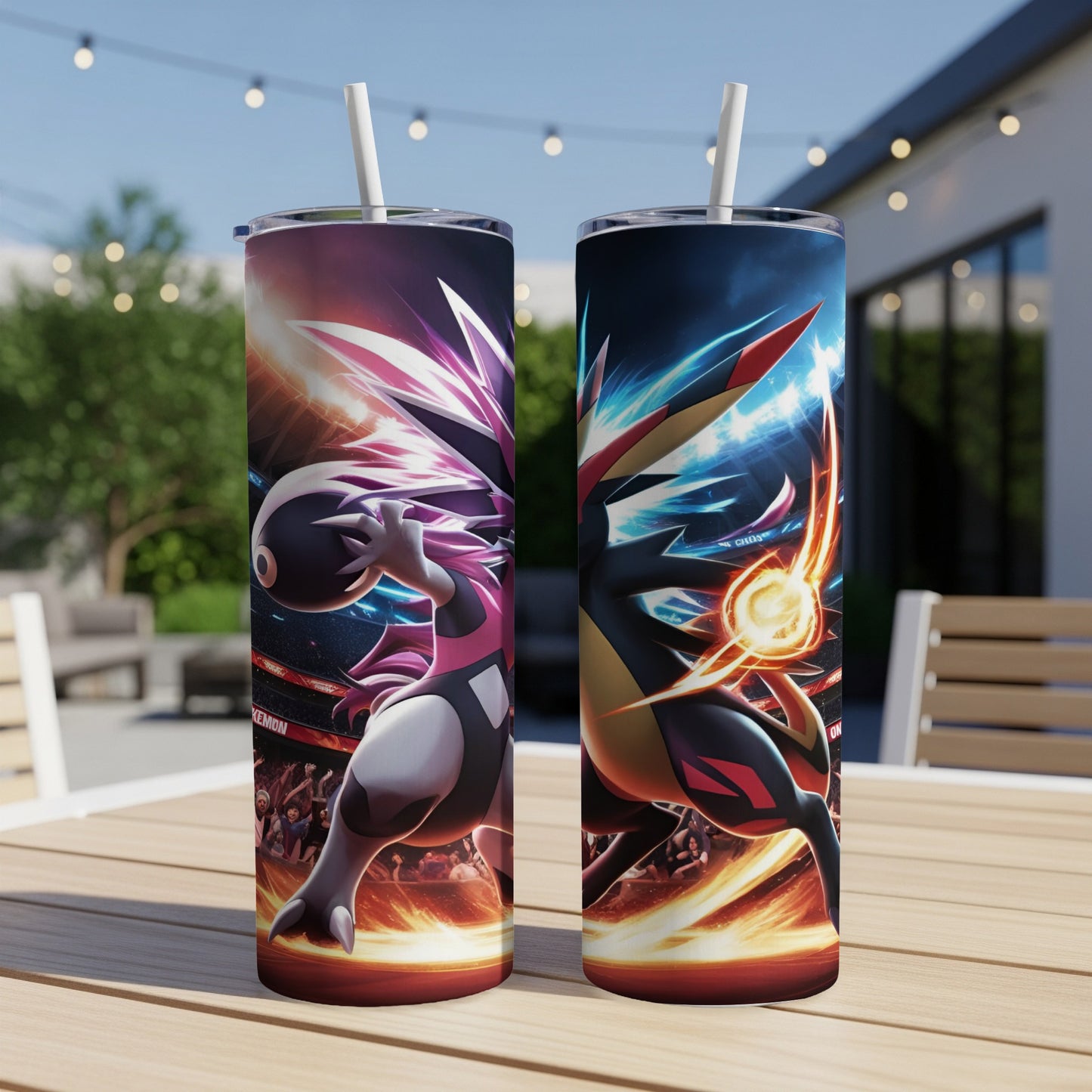 Two Pokémon tumblers with vibrant designs of Zacian and Zamazenta.