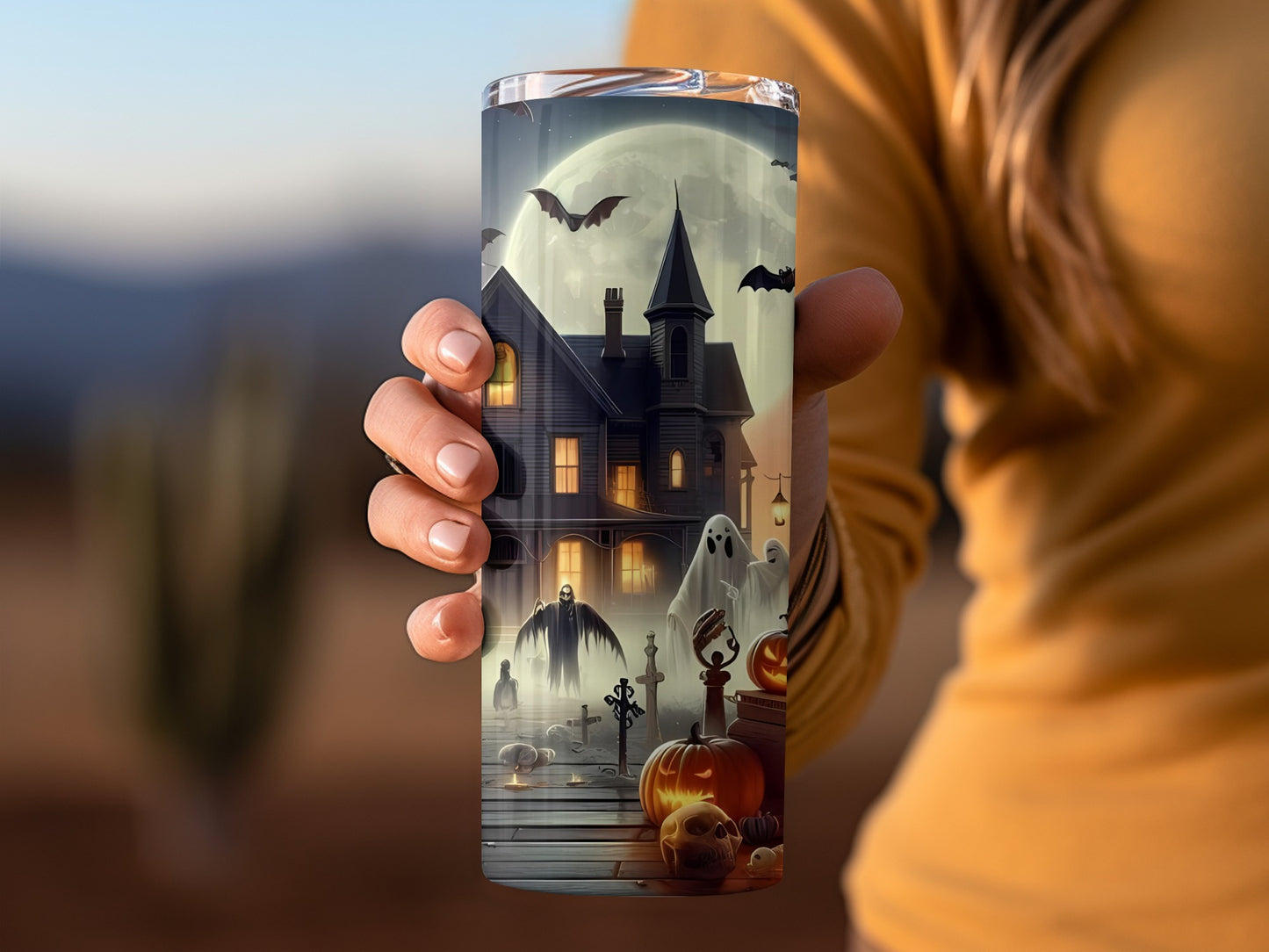 Haunted House Full Moon Halloween Tumbler Cup Design