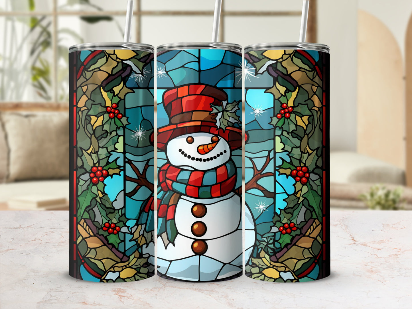 Stained glass snowman tumbler with holly and berries design.