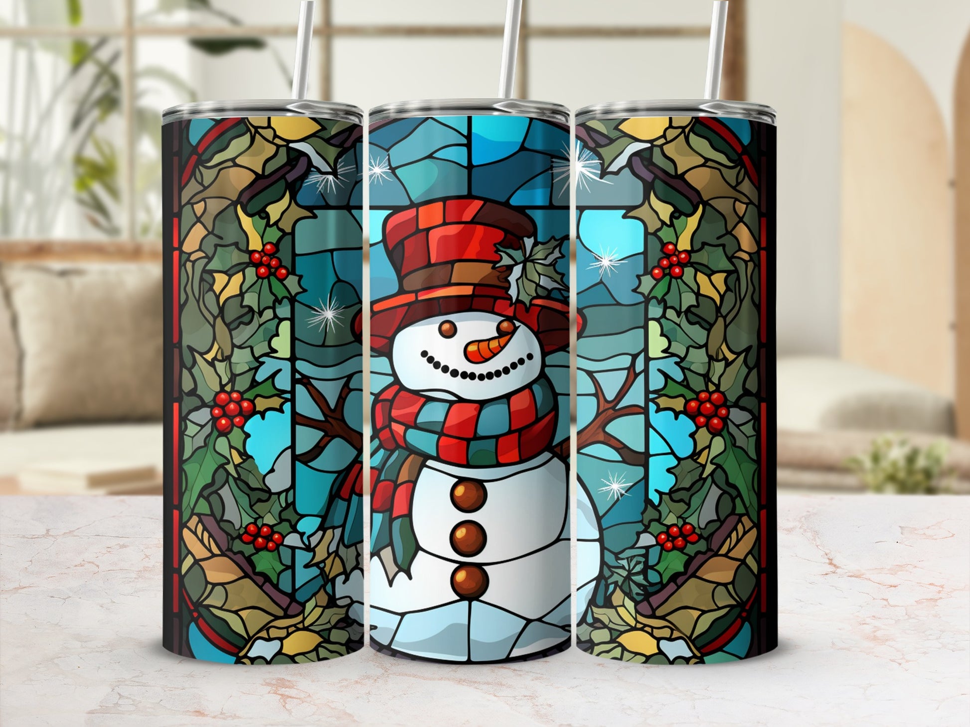 Stained glass snowman tumbler with holly and berries design.