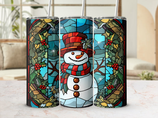 Stained glass snowman tumbler with holly and berries design.