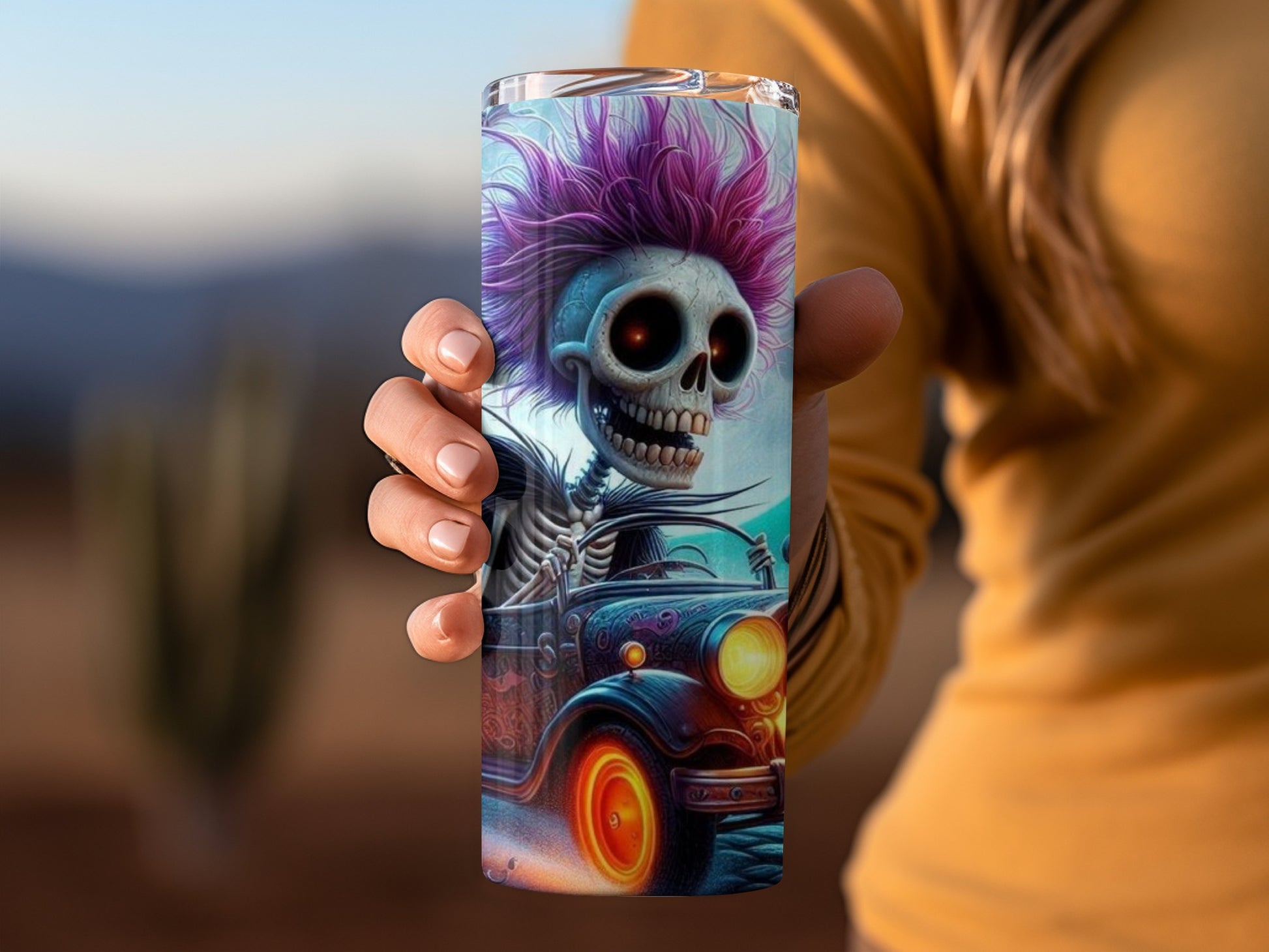 Vibrant Skull Driving Hot Rod Design Travel Mug