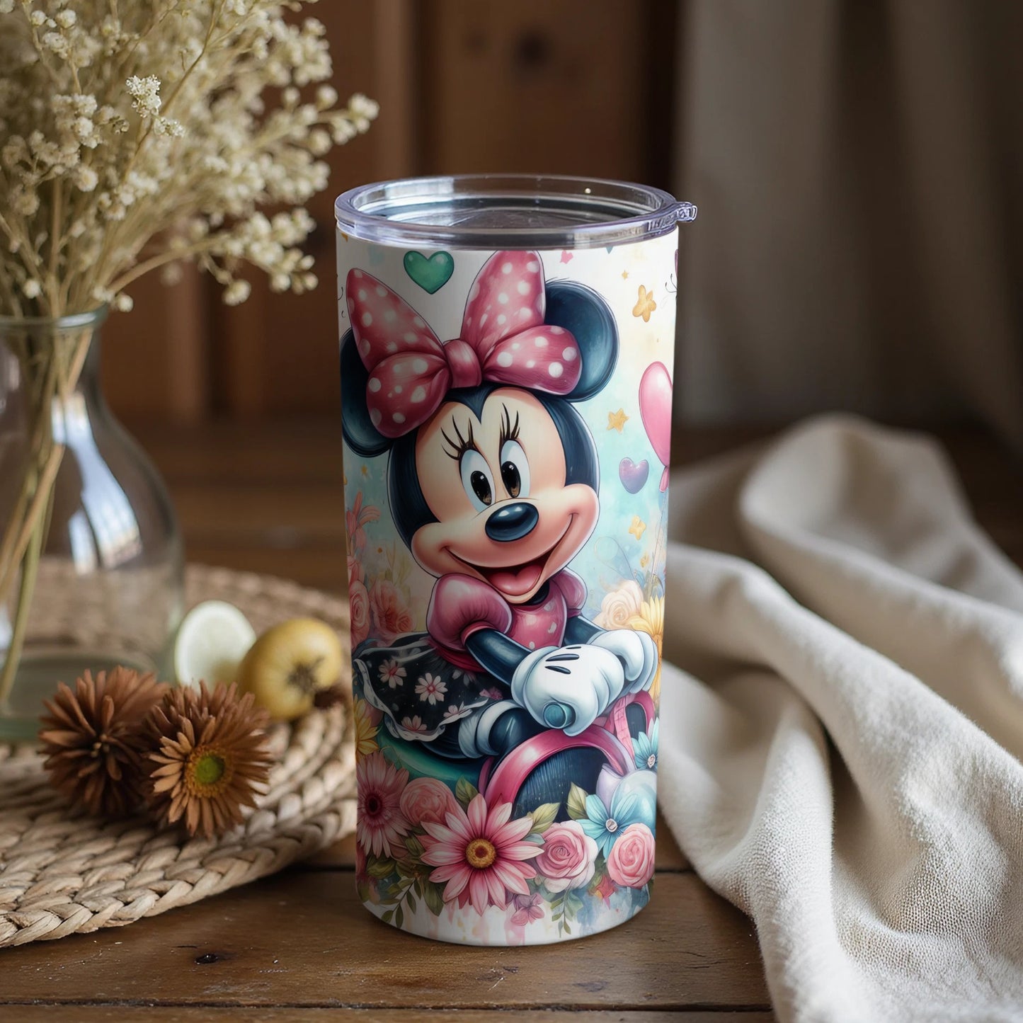 Floral Minnie Mouse Design Tumbler with Decorative Art