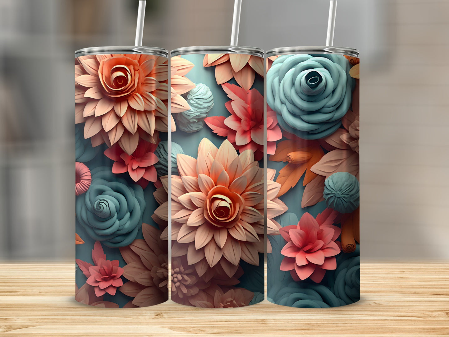 Vibrant Floral Design Skinny Tumbler Cup with Straw