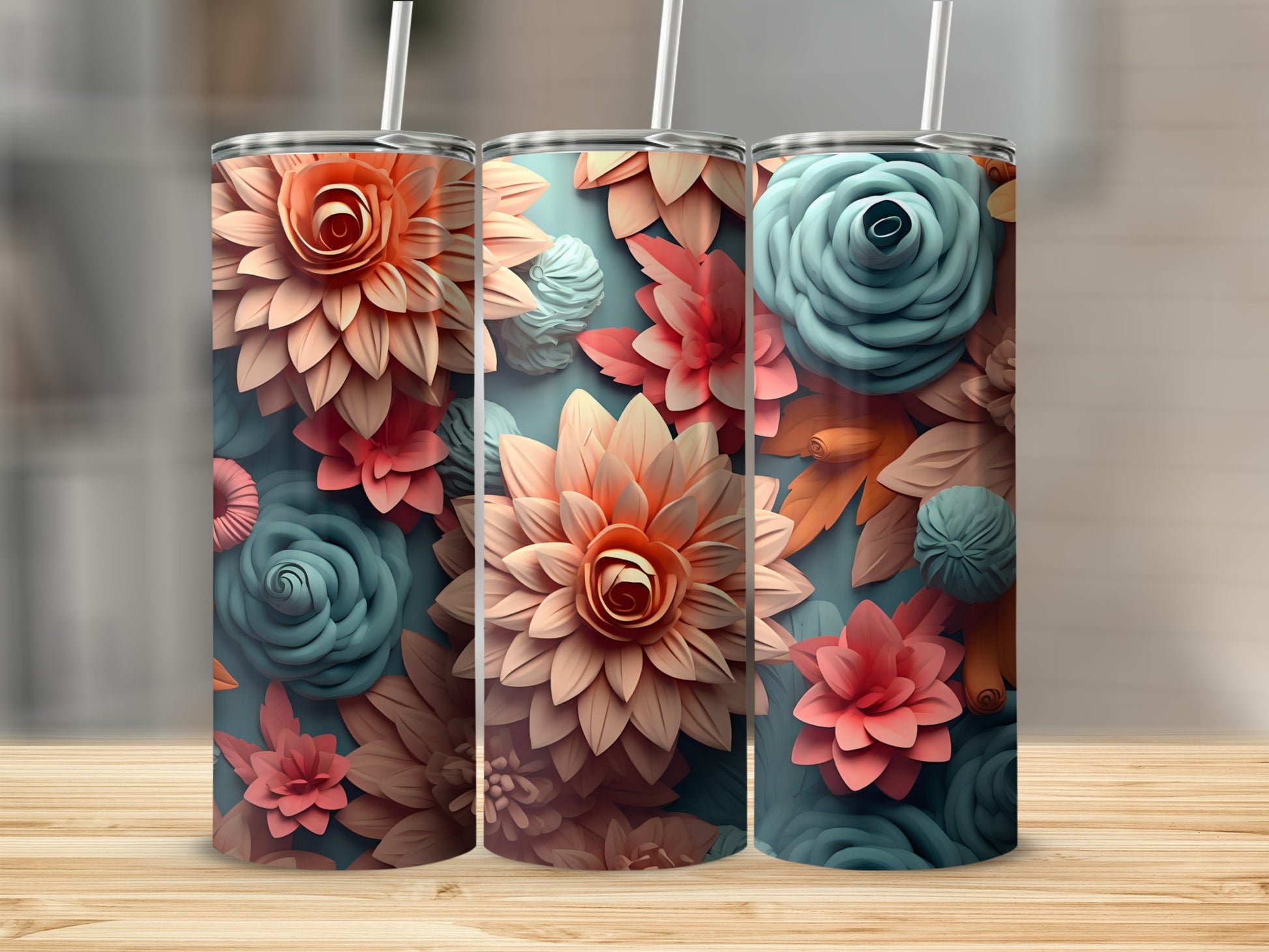 Vibrant Floral Design Skinny Tumbler Cup with Straw