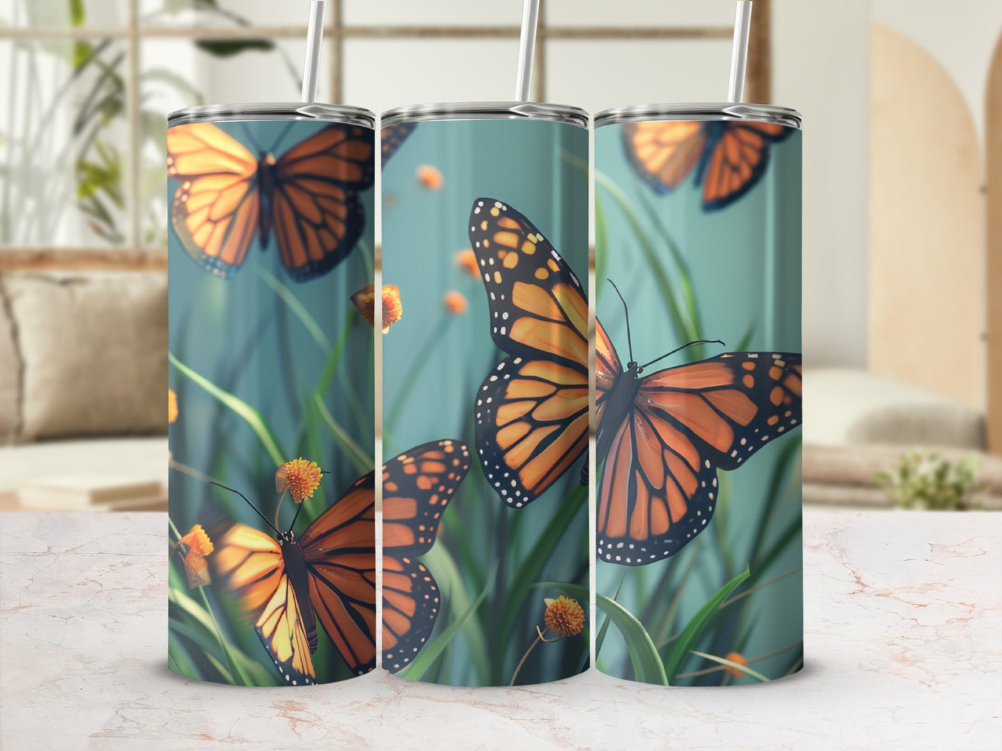 Orange monarch butterflies on green grass with a blurred background.