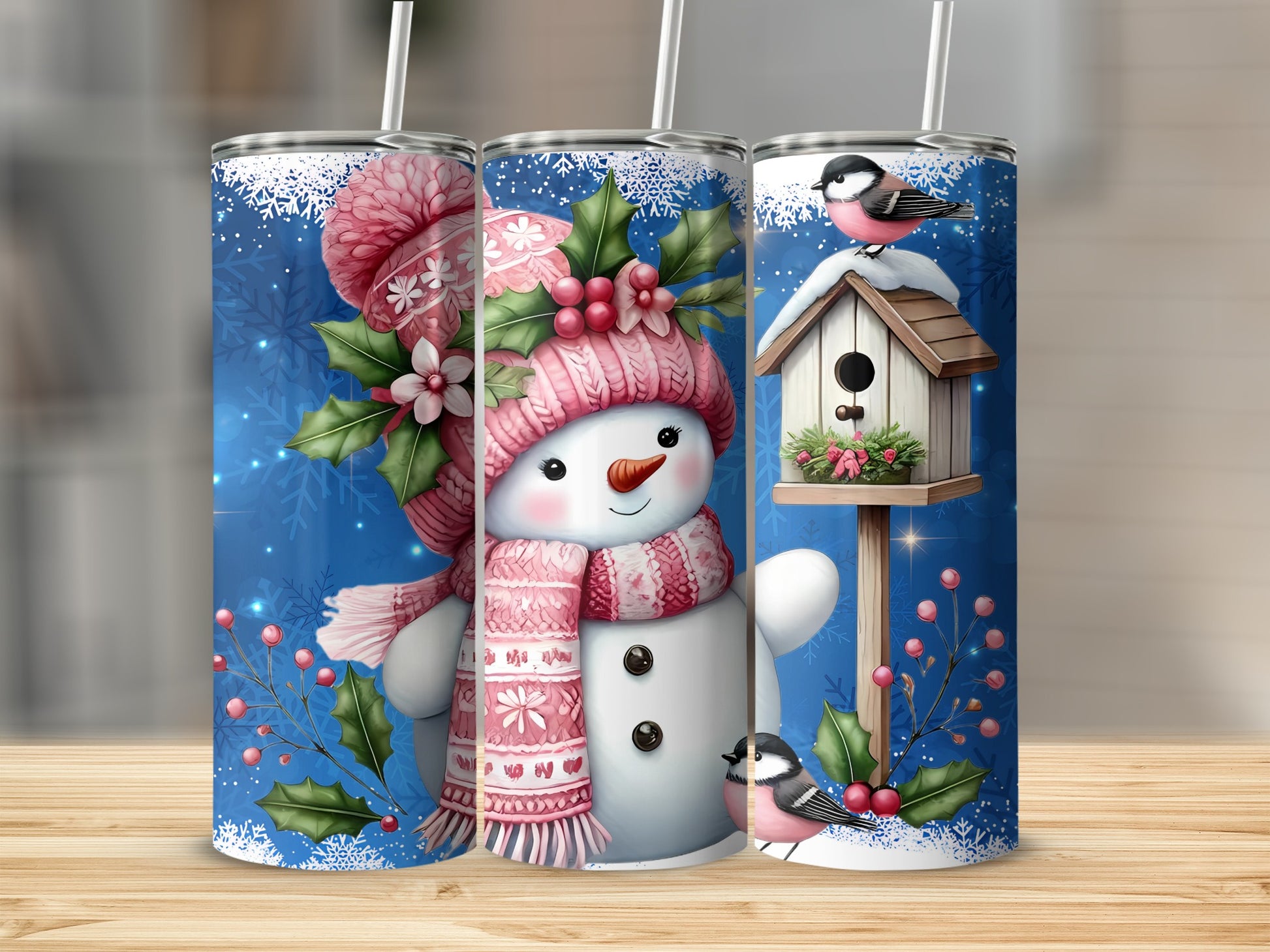 Festive Snowman and Birdhouse Design Tumbler