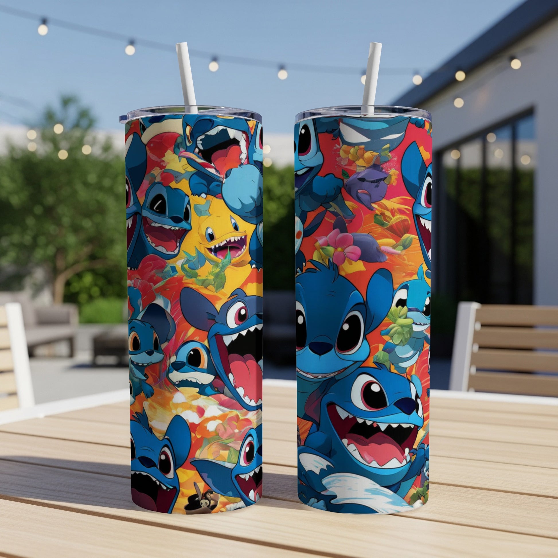 Two tumblers feature cartoon Stitch with various expressions and colors.