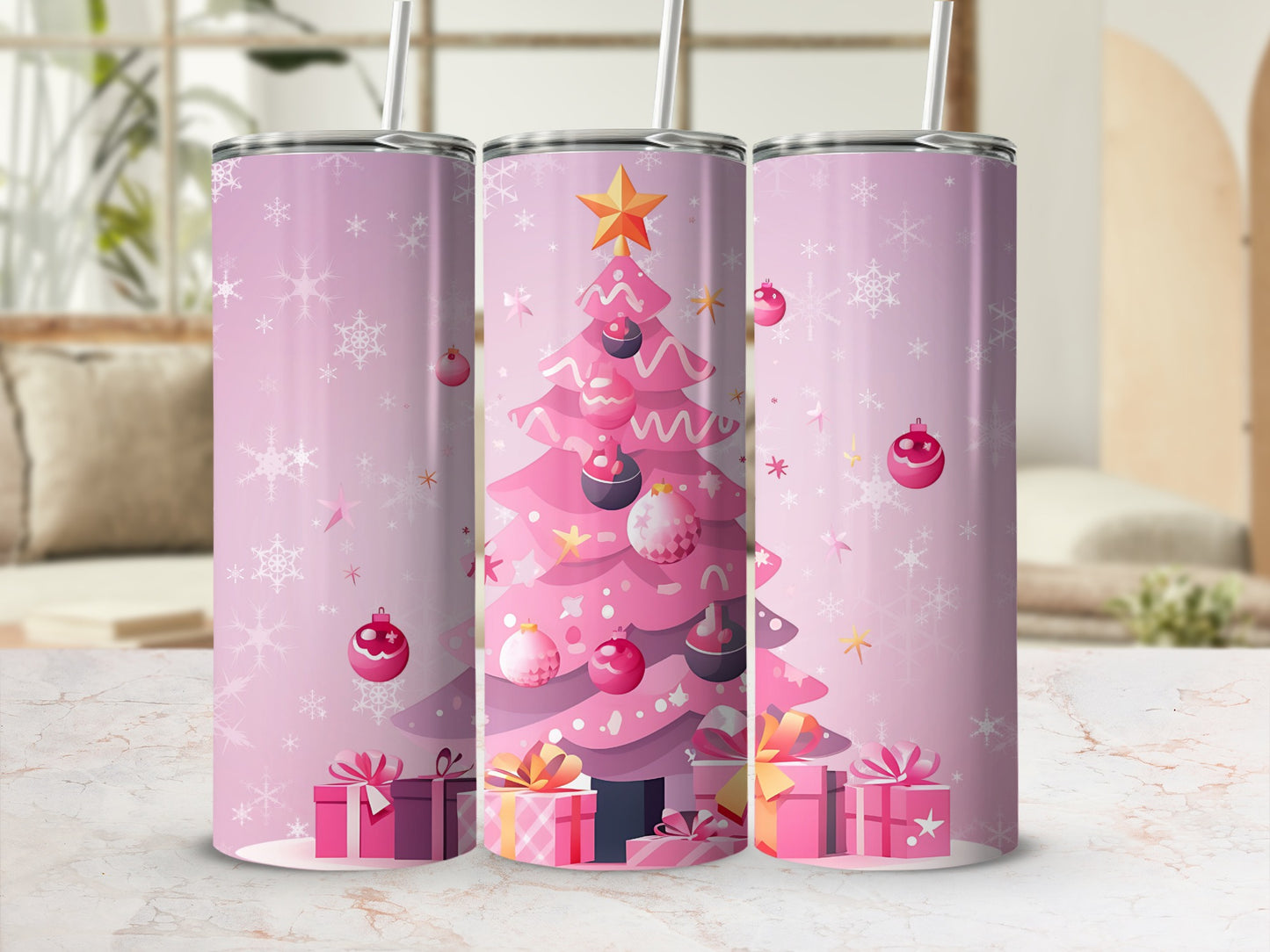 Festive Pink Christmas Tree Tumbler with Gifts Design