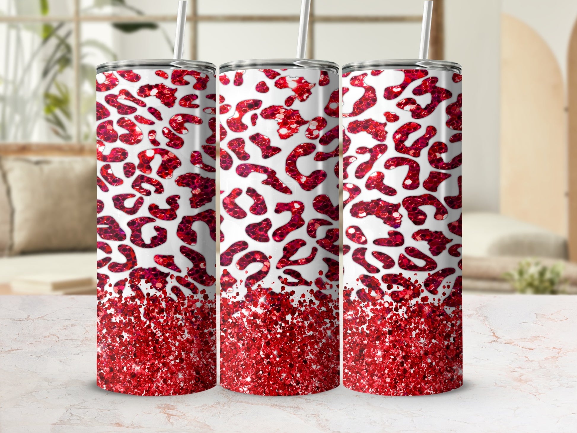 Red Glitter Leopard Print Tumbler Sparkling Design Cup