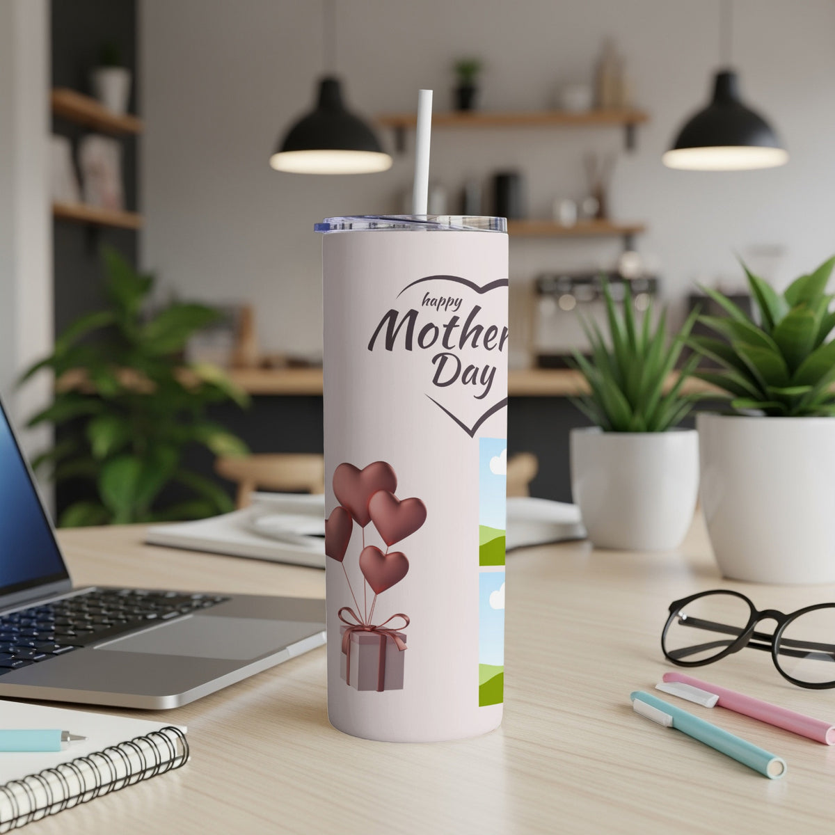 Tumbler with "Happy Mother's Day," hearts, and gift graphic.