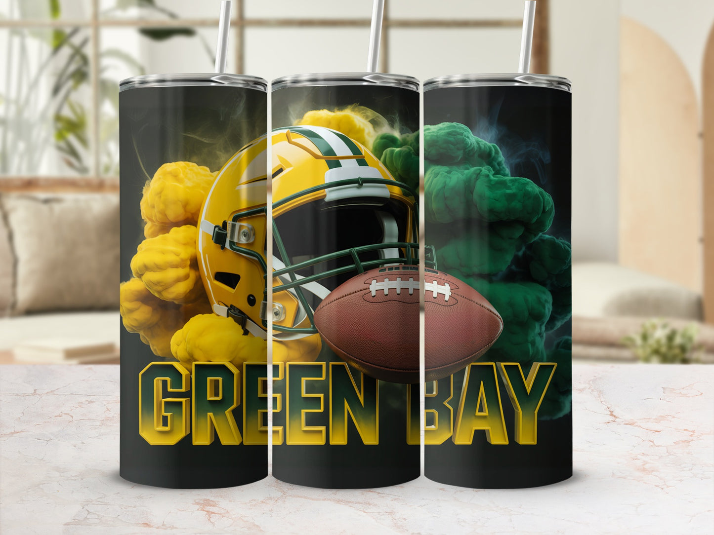 Green Bay Packers helmet and football on a tumbler.