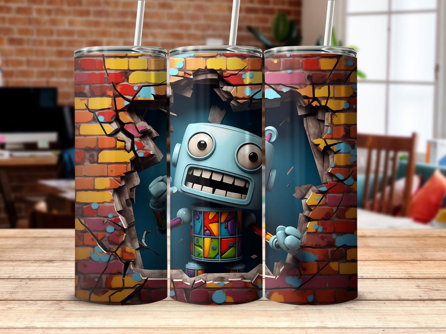 Colorful Cartoon Robot Breaking Through Wall Tumbler