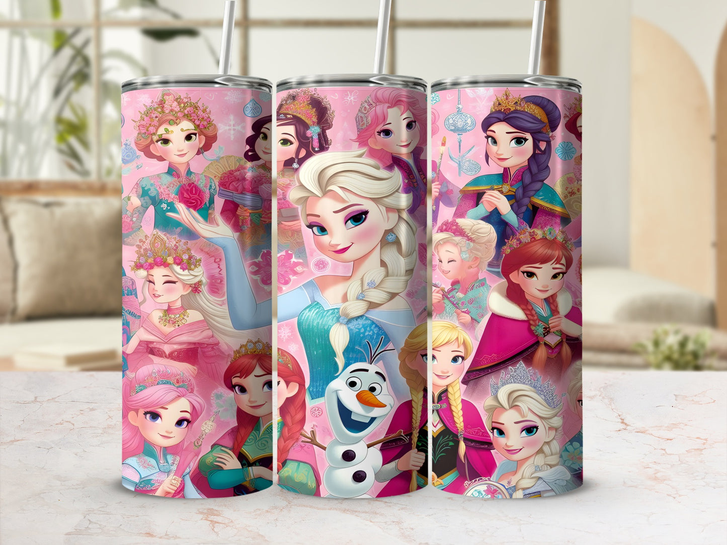 Elsa and other Frozen characters on pink tumblers with cartoon drawings.