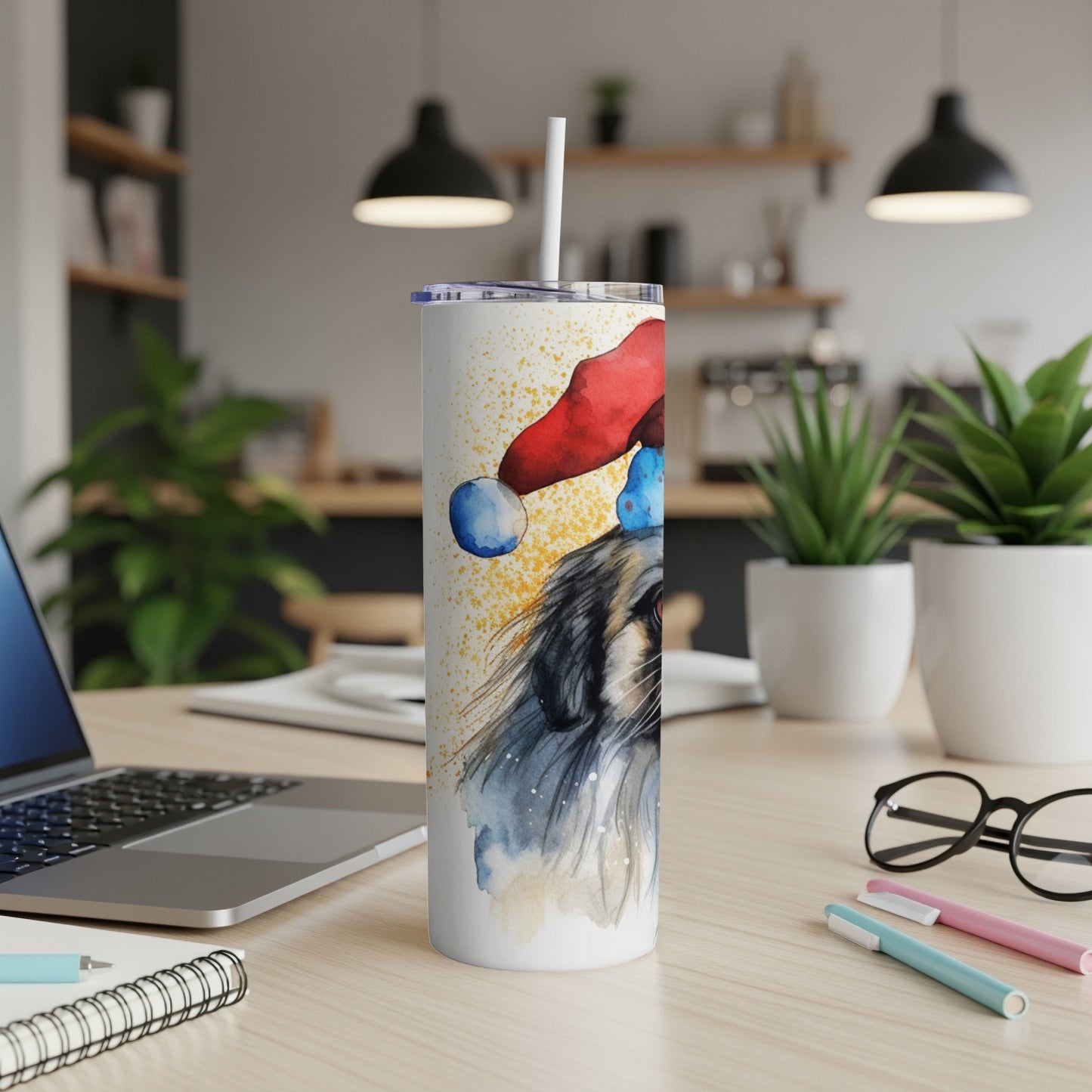 Watercolor Shih Tzu wearing a Santa hat on a tumbler.