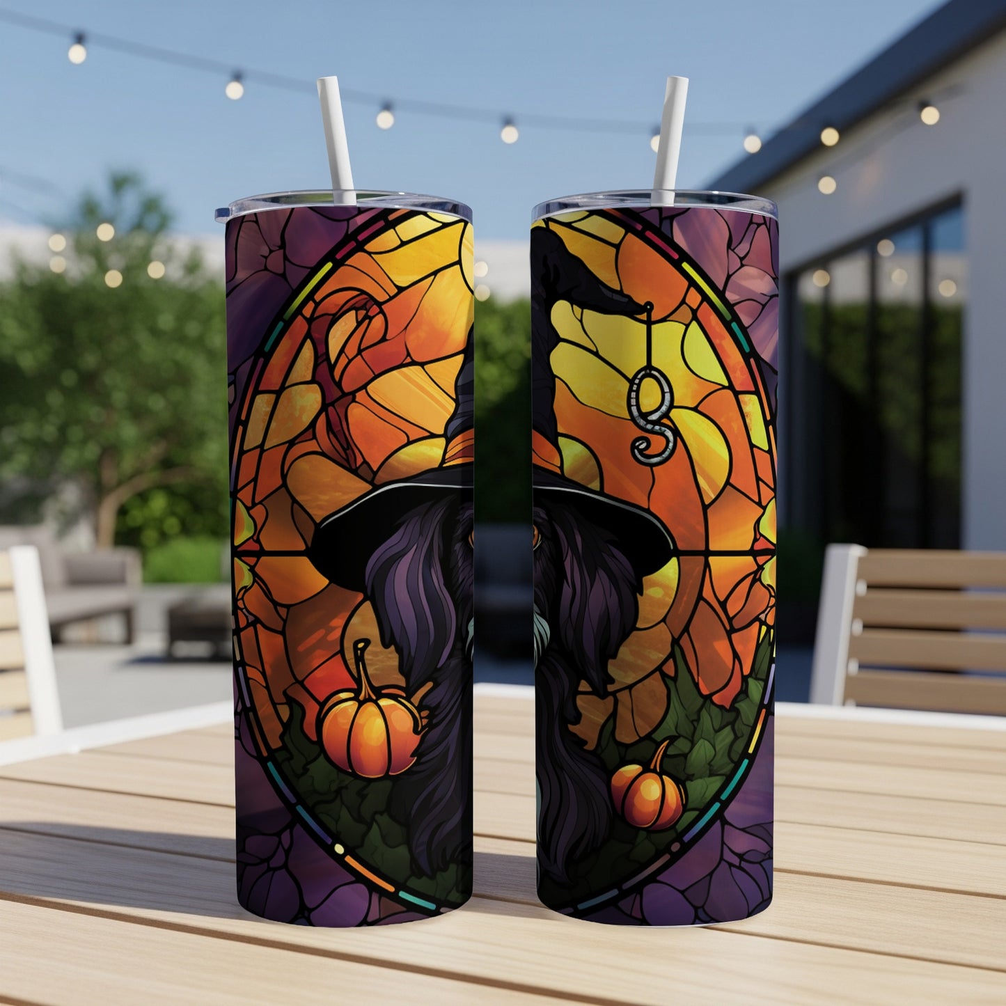 Two tumblers with witch hat, pumpkins, and stained glass design.