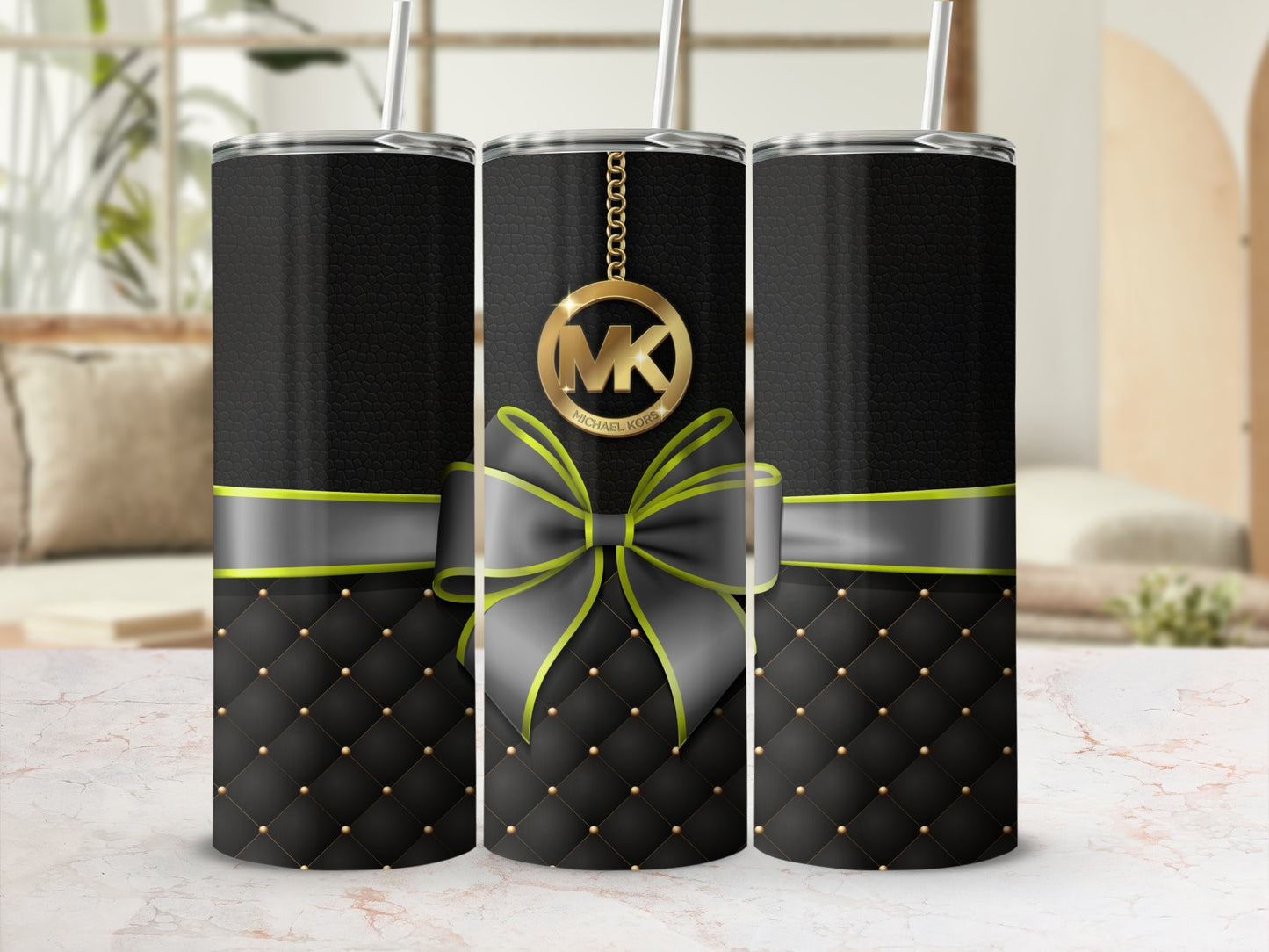 Elegant Quilted Black and Green Tumbler with Monogram