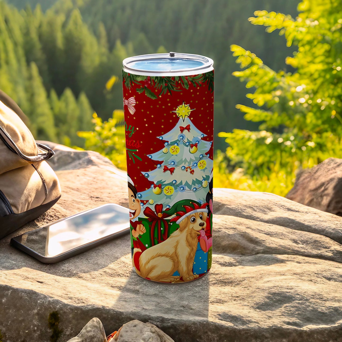 Festive Christmas Tree and Dog Design Tumbler Cup