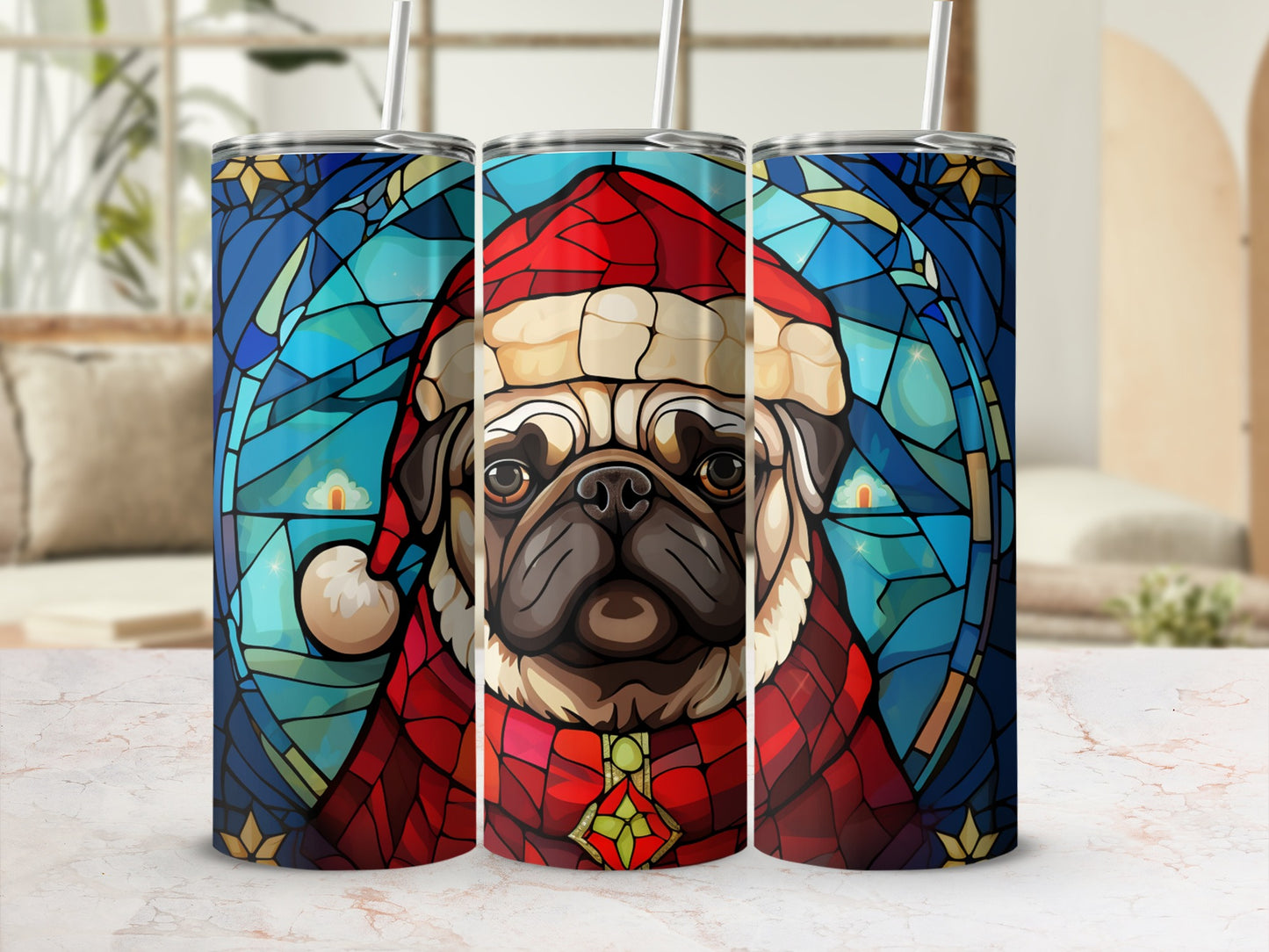 Christmas pug wearing a Santa hat and red scarf, stained glass style.